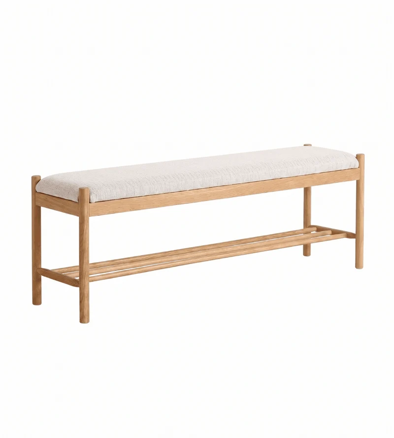 Mathew-Bank aus Eiche mit gepolstertem Sitz in Beige, 140 x 35 x 45 cm