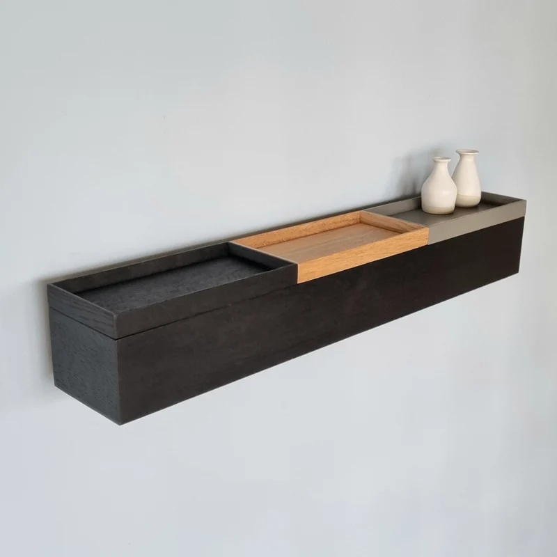 schmale Wandkonsole massive Eiche schwarz 72cm drei Tabletts grau, natur, schwarz
