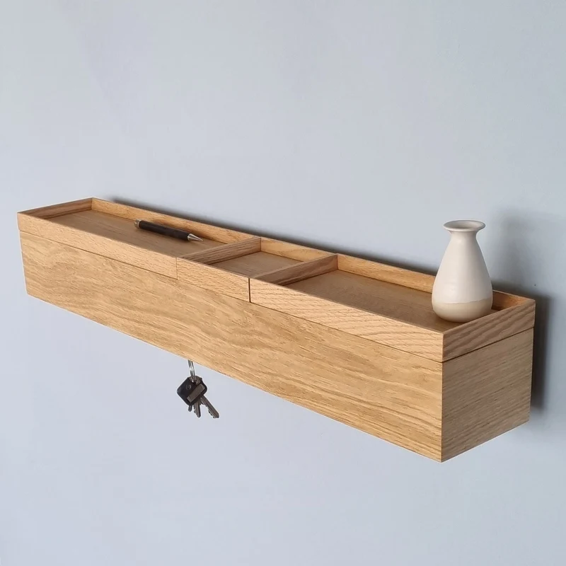 schmale Wandkonsole massive Eiche natur 72cm drei Tabletts