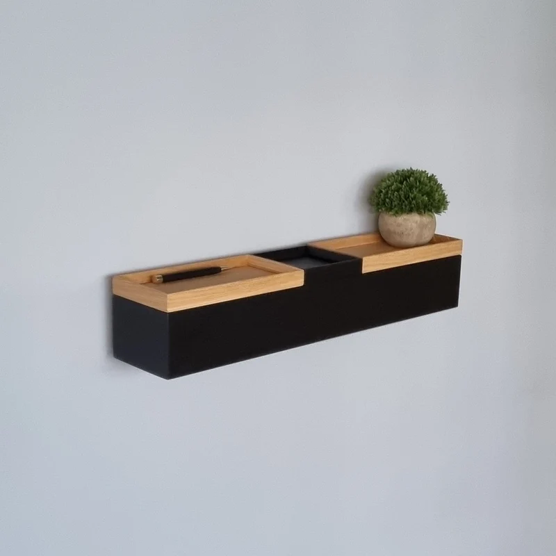 schmale Wandkonsole massive Eiche schwarz 60cm drei Tabletts
