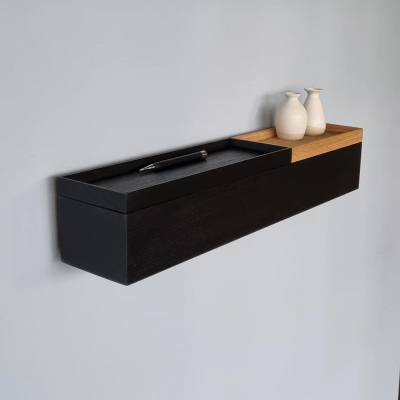schmale Wandkonsole massive Eiche schwarz 60cm zwei Tabletts