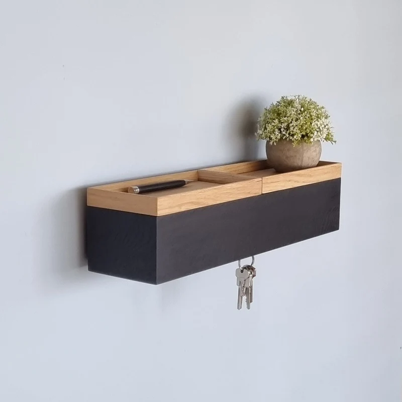 schmale Wandkonsole massive Eiche schwarz 48cm zwei Tabletts