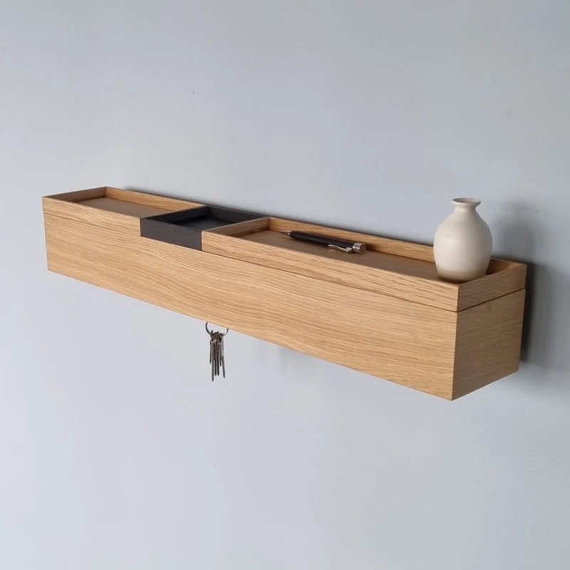 schmale Wandkonsole massive Eiche natur 72cm drei Tabletts