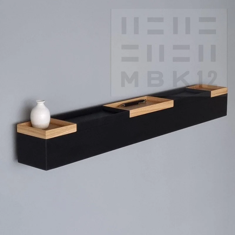 schmale Wandkonsole massive Eiche schwarz 96cm fünf Tabletts