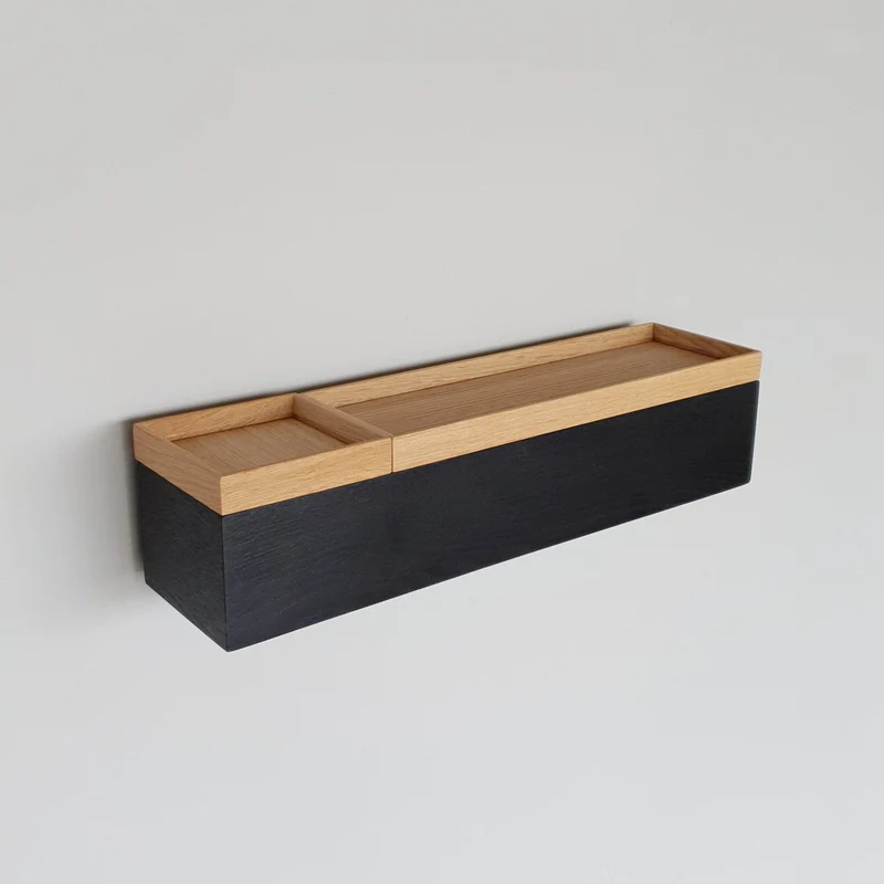 schmale Wandkonsole massive Eiche schwarz 48cm zwei Tabletts