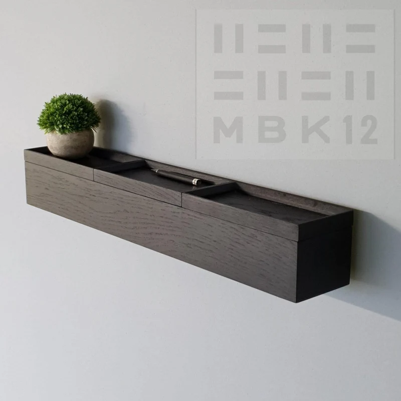 schmale Wandkonsole massive Eiche schwarz 72cm drei Tabletts