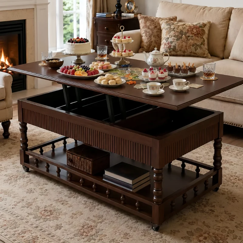 Nordischer Retro-Couchtisch aus Massivholz, 3-in-1-Funktion, höhenverstellbar und mit Universalrollen