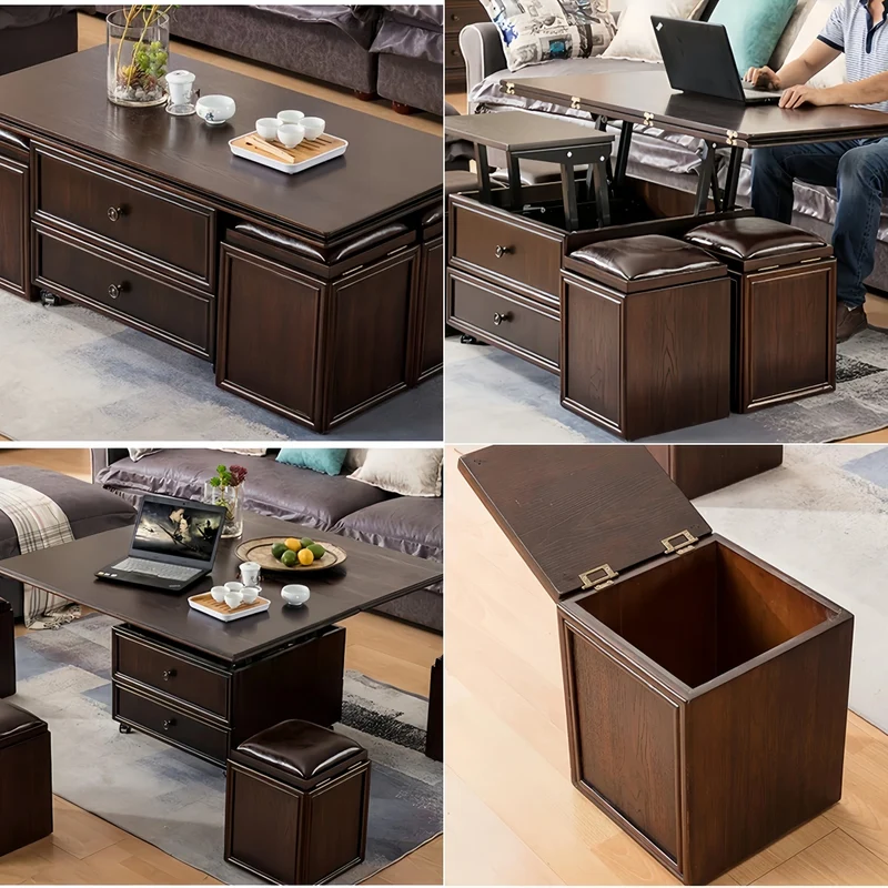 Nordischer Retro-Couchtisch aus Massivholz, 3-in-1-Funktion, höhenverstellbar und mit Universalrollen