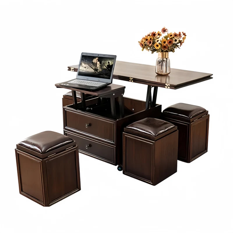 Nordischer Retro-Couchtisch aus Massivholz, 3-in-1-Funktion, höhenverstellbar und mit Universalrollen