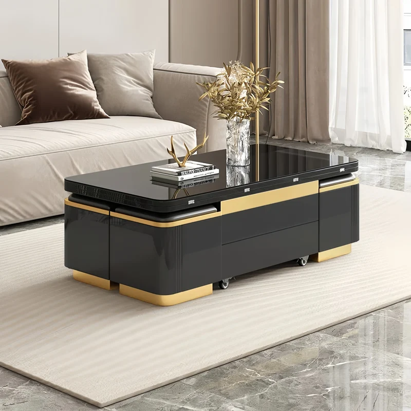 Multifunktions-Couchtisch im leichten Luxus-Stil mit Lackfinish, 3-in-1-Funktion und Universalrollen