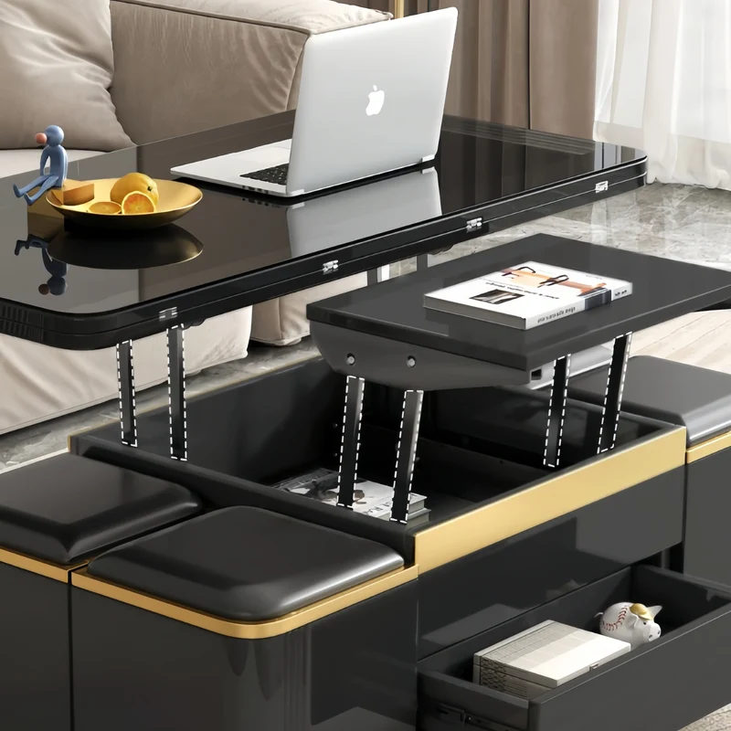 Multifunktions-Couchtisch im leichten Luxus-Stil mit Lackfinish, 3-in-1-Funktion und Universalrollen