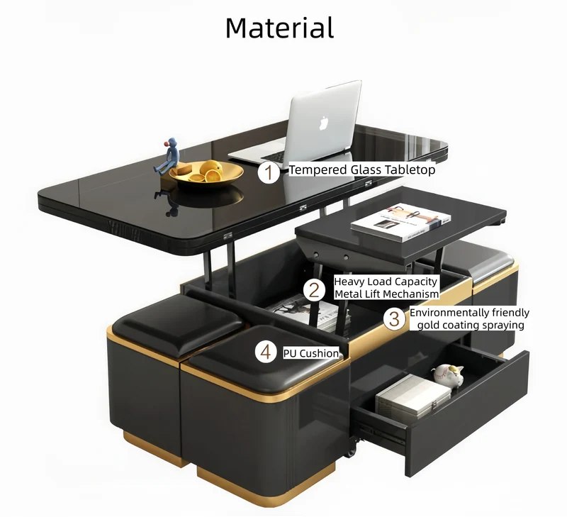 Multifunktions-Couchtisch im leichten Luxus-Stil mit Lackfinish, 3-in-1-Funktion und Universalrollen
