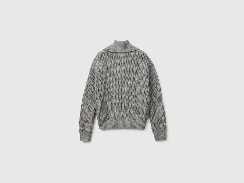 Mélange-Pullover mit Stehkragen und halbem Reißverschluss