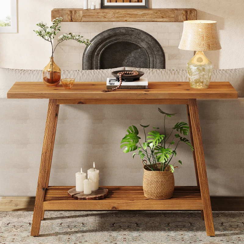 Tribesigns Massivholz Konsolentisch 105 cm schmal mit Ablage, Sofatisch mit Stauraum im Landhausstil