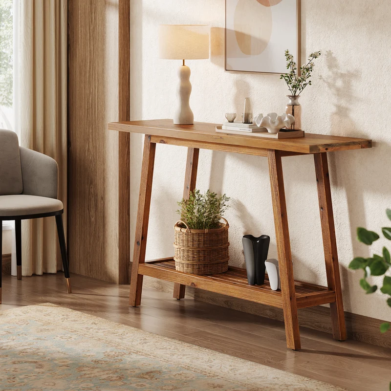 Tribesigns Massivholz Konsolentisch 105 cm schmal mit Ablage, Sofatisch mit Stauraum im Landhausstil