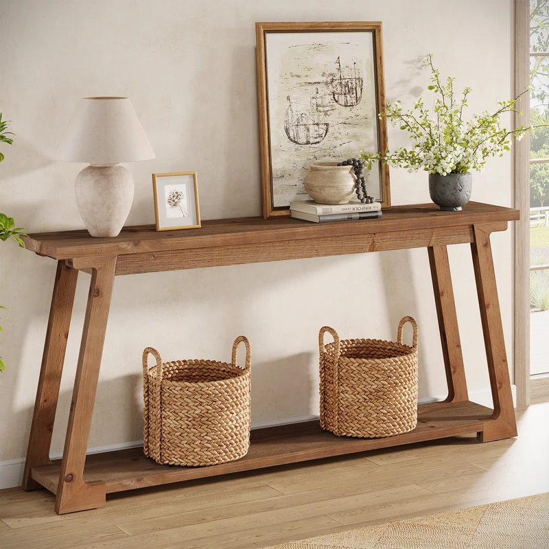 Tribesigns Massivholz Konsolentisch 160 cm hinter Sofa mit 2 Ablagen, langer Sofatisch schmal für Wohnzimmer & Flur