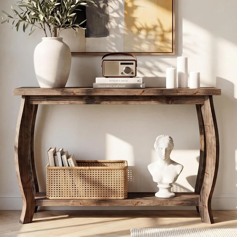 Tribesigns Massivholz Konsolentisch 105 cm, schmaler Flurtisch mit 2 Ebenen im Landhausstil