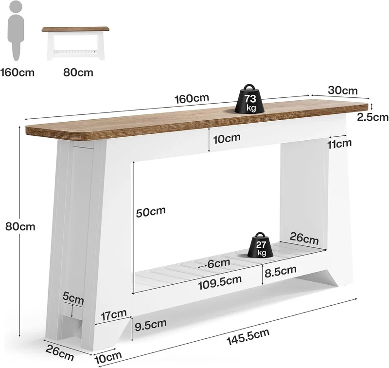 Tribesigns Konsolentisch 160 cm mit Stauraum, weißer Flurtisch mit A-Rahmen