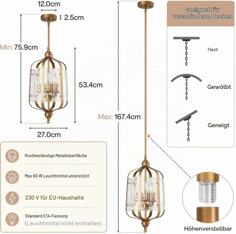 Tribesigns Glas-Pendelleuchte, Retro Esstischlampe mit höhenverstellbarem Glasschirm