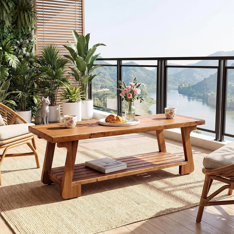 Tribesigns Massivholz Couchtisch mit 2 Ebenen, Wohnzimmertisch im Landhausstil