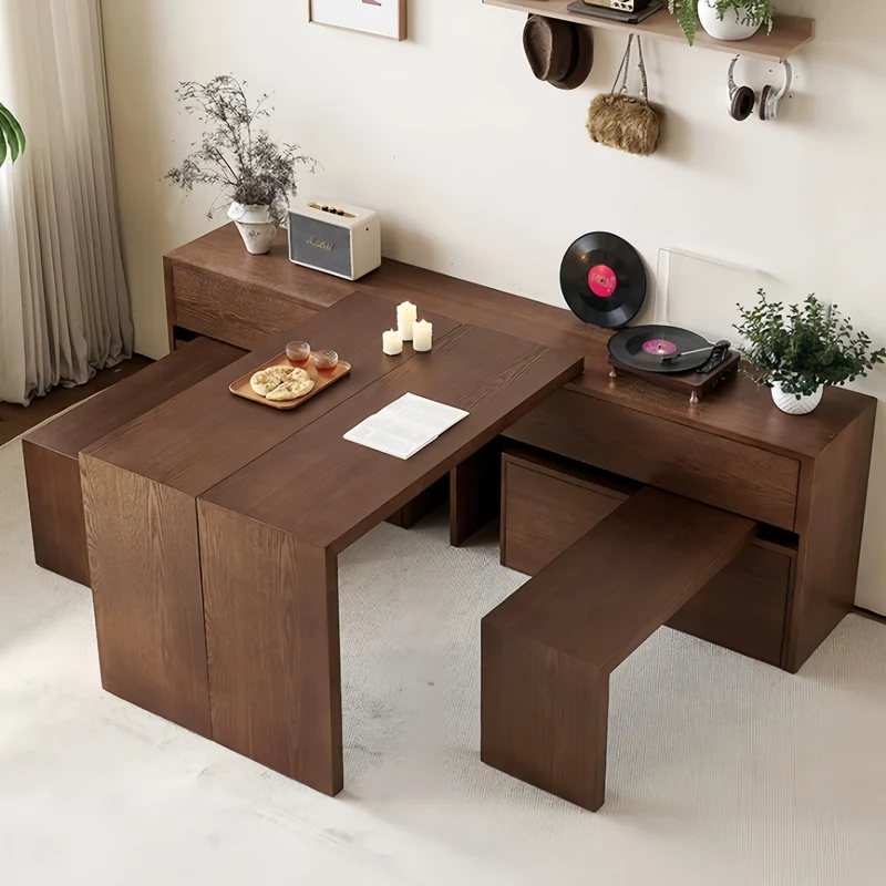Doppelte, um 90° drehbare Tischplatten und Bänke aus massivem Eschenholz mit großem Stauschrank