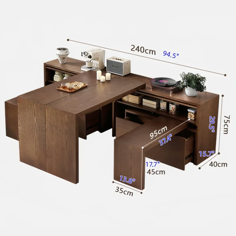 Doppelte, um 90° drehbare Tischplatten und Bänke aus massivem Eschenholz mit großem Stauschrank