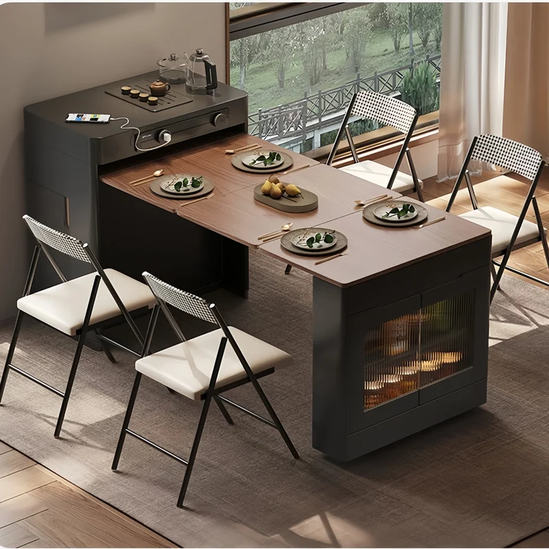 Schwarzer, ausziehbarer Kücheninseltisch mit Klappstühlen
