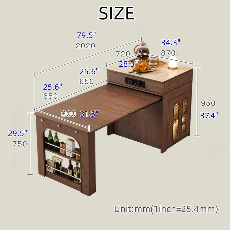 Ausziehbarer Kücheninseltisch aus Massivholz mit 4 Klappstühlen