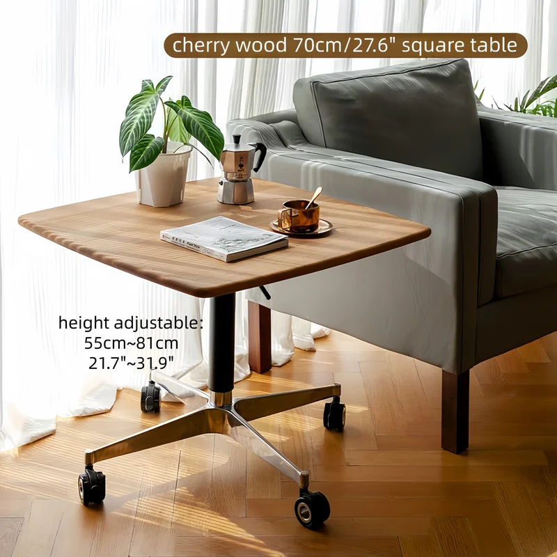 Höhenverstellbarer Couchtisch aus Massivholz mit Universalrollen