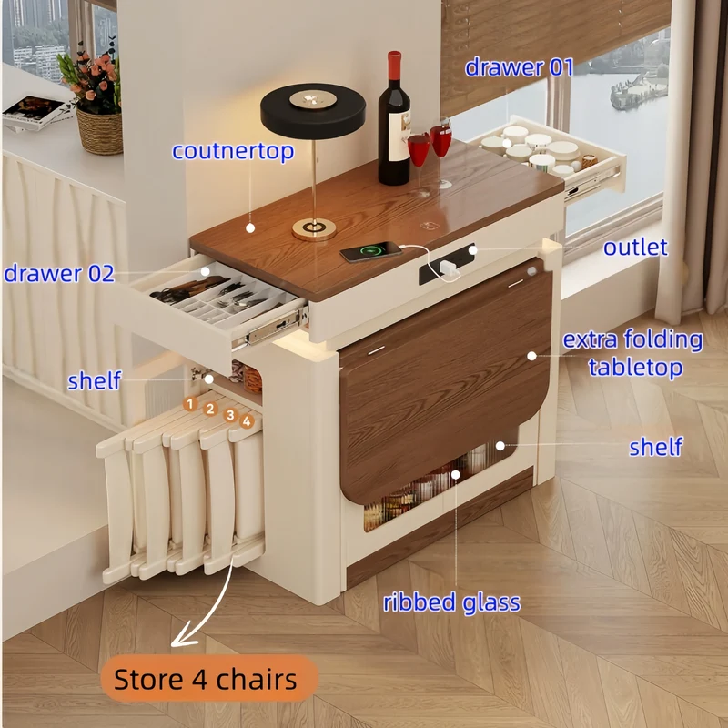 Ausziehbarer Kücheninseltisch aus Massivholz mit 4 Stühlen (Set)
