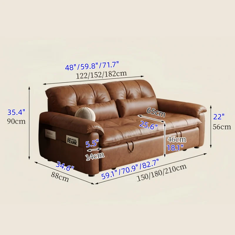 3-in-1-Schlafsofa aus geöltem Leder mit verstellbarer Rückenlehne und Seitentasche
