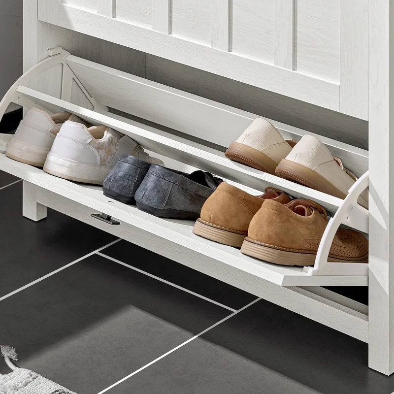 Schmaler Schuhschrank mit 3 Klappen in Weiß – 80 × 111 × 30 cm