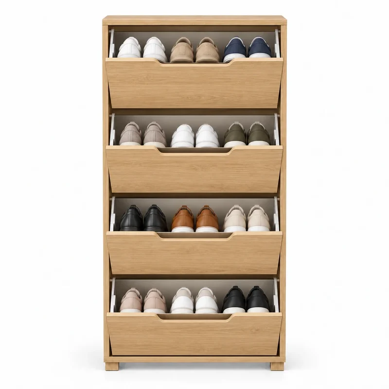 Schuhschrank Schmal Helle Eiche – 4 Klappen für bis zu 16 Paar