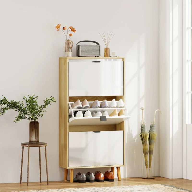 Schmaler Schuhschrank Weiß mit 3 Klapptüren – 60 × 24 × 127 cm