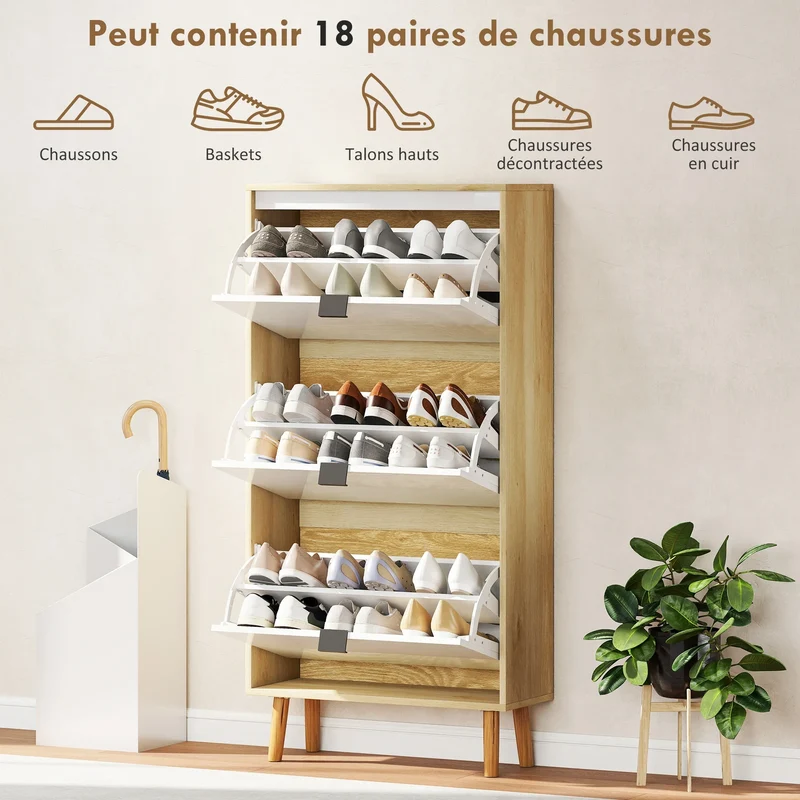 Schmaler Schuhschrank Weiß mit 3 Klapptüren – 60 × 24 × 127 cm