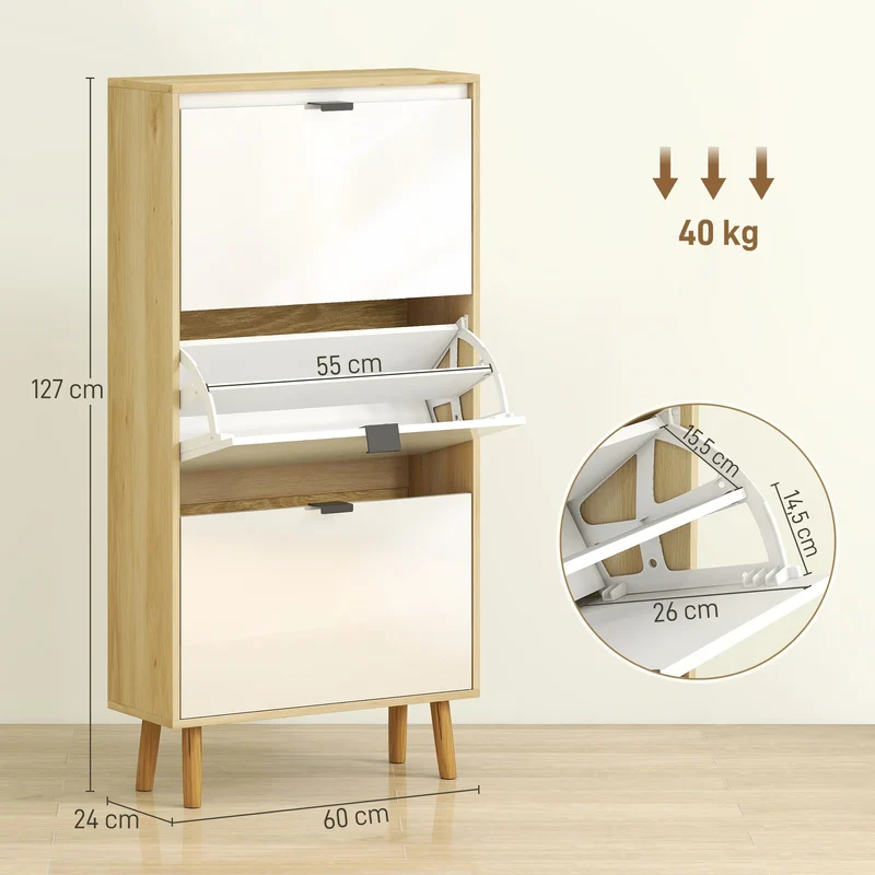 Schmaler Schuhschrank Weiß mit 3 Klapptüren – 60 × 24 × 127 cm