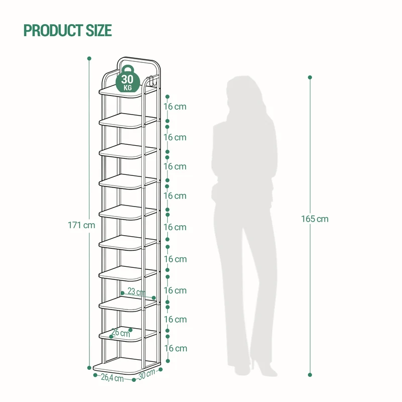 Vertikales Schuhregal 10 Ebenen – 30 × 26,5 × 171 cm