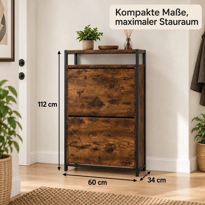 Schuhschrank mit 2 Klappen – 60 × 34 × 112 cm