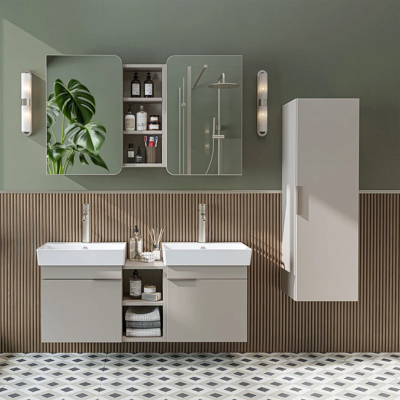 Roomart Badmöbel-Set LYCIA 120 cm, 4-teilig mit Doppelwaschtisch und Spiegelschrank, in 4 Farben
