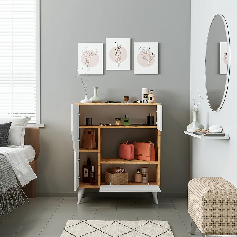 Roomart Mehrzweckschrank PABLO, 90 cm, mit 5 Fächern und Türen, in Weiß-Eiche