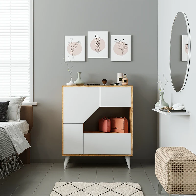 Roomart Mehrzweckschrank PABLO, 90 cm, mit 5 Fächern und Türen, in Weiß-Eiche