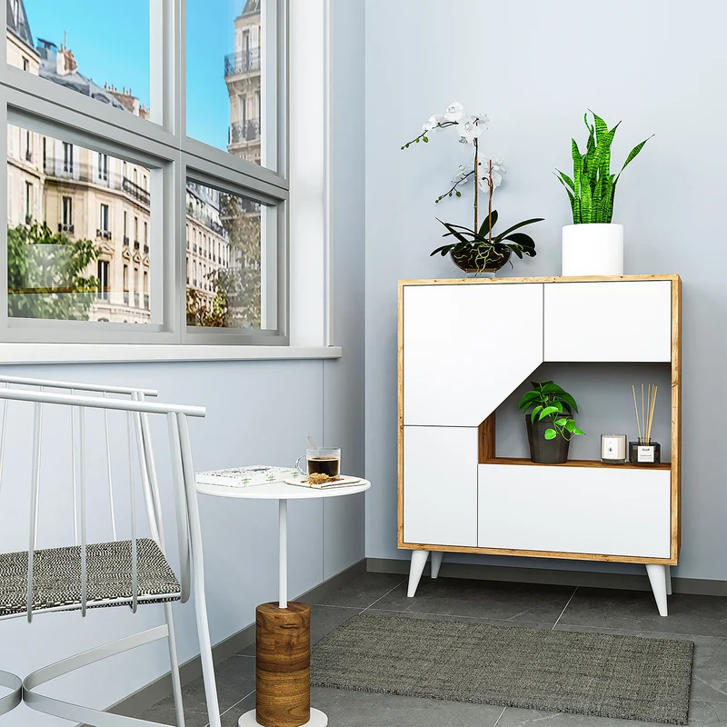 Roomart Mehrzweckschrank PABLO, 90 cm, mit 5 Fächern und Türen, in Weiß-Eiche