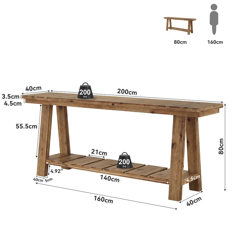 Tribesigns Massivholz Konsolentisch 200 cm, schmaler Flurtisch mit 2 Ablagen