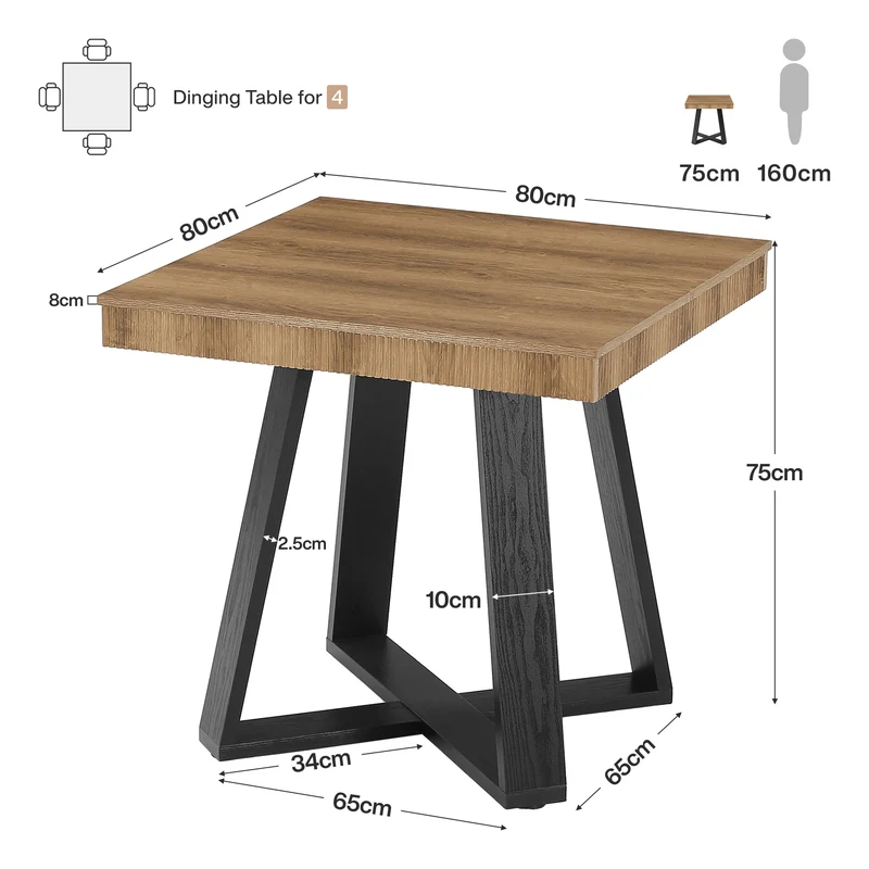 Tribesigns Kleiner Esstisch 80x80 cm quadratisch für 2–4 Personen, platzsparender Küchentisch mit X-Gestell