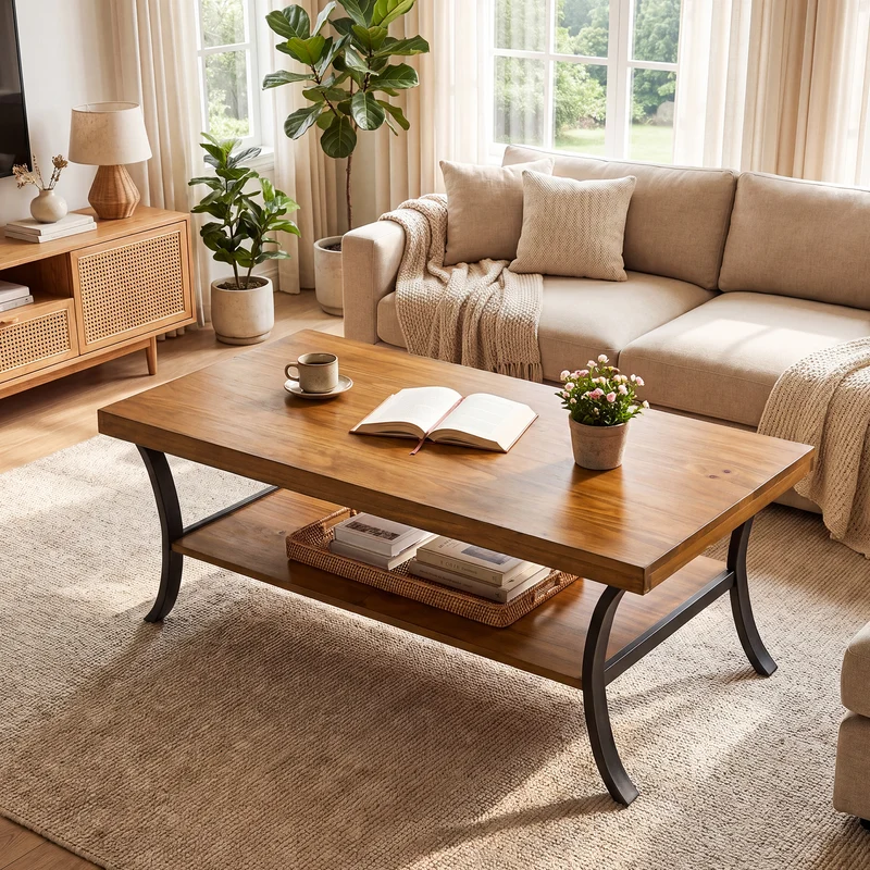 Tribesigns Massivholz Couchtisch 120 cm mit Ablage, 2-stufiger Wohnzimmertisch mit geschwungenen Metallbeinen
