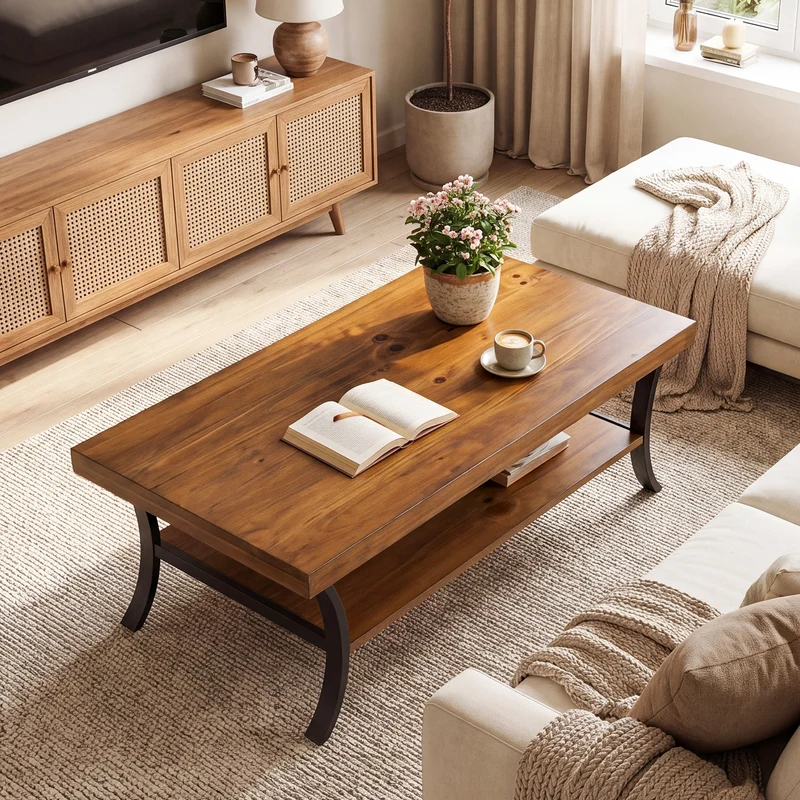 Tribesigns Massivholz Couchtisch 120 cm mit Ablage, 2-stufiger Wohnzimmertisch mit geschwungenen Metallbeinen