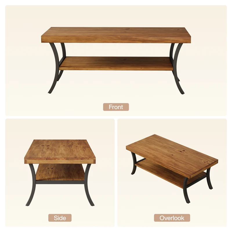 Tribesigns Massivholz Couchtisch 120 cm mit Ablage, 2-stufiger Wohnzimmertisch mit geschwungenen Metallbeinen