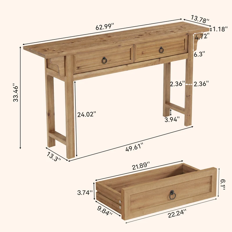 Tribesigns Massivholz Konsolentisch 160 cm mit 2 Schubladen, Schmaler Flurtisch mit Stauraum