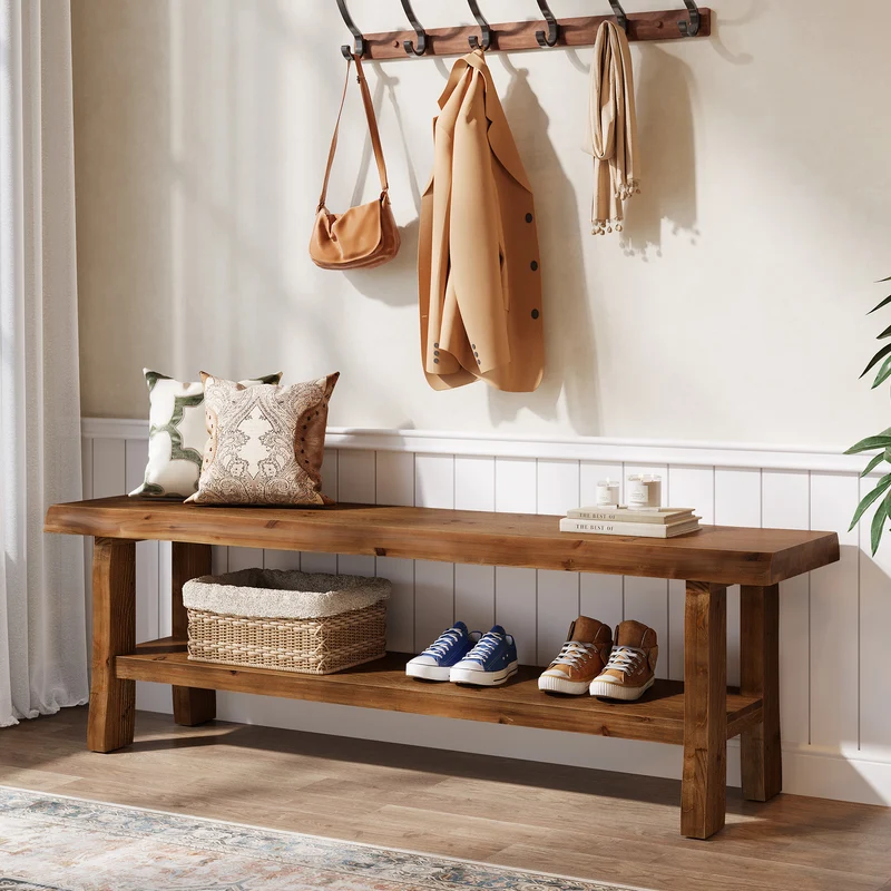 Tribesigns Massivholz Schuhbank 140 cm mit Ablage, Sitzbank für 2–3 Personen im Landhausstil