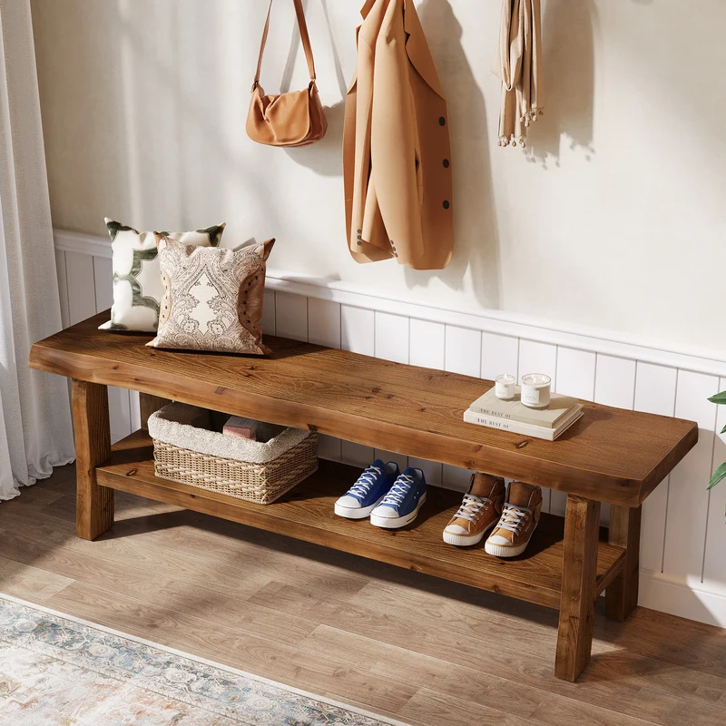 Tribesigns Massivholz Schuhbank 140 cm mit Ablage, Sitzbank für 2–3 Personen im Landhausstil